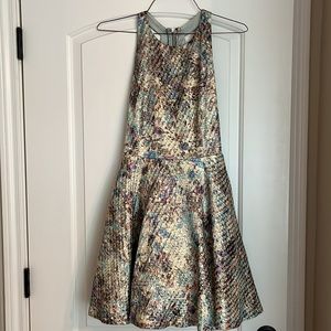 Alice + Olivia party dress with gold shimmer.